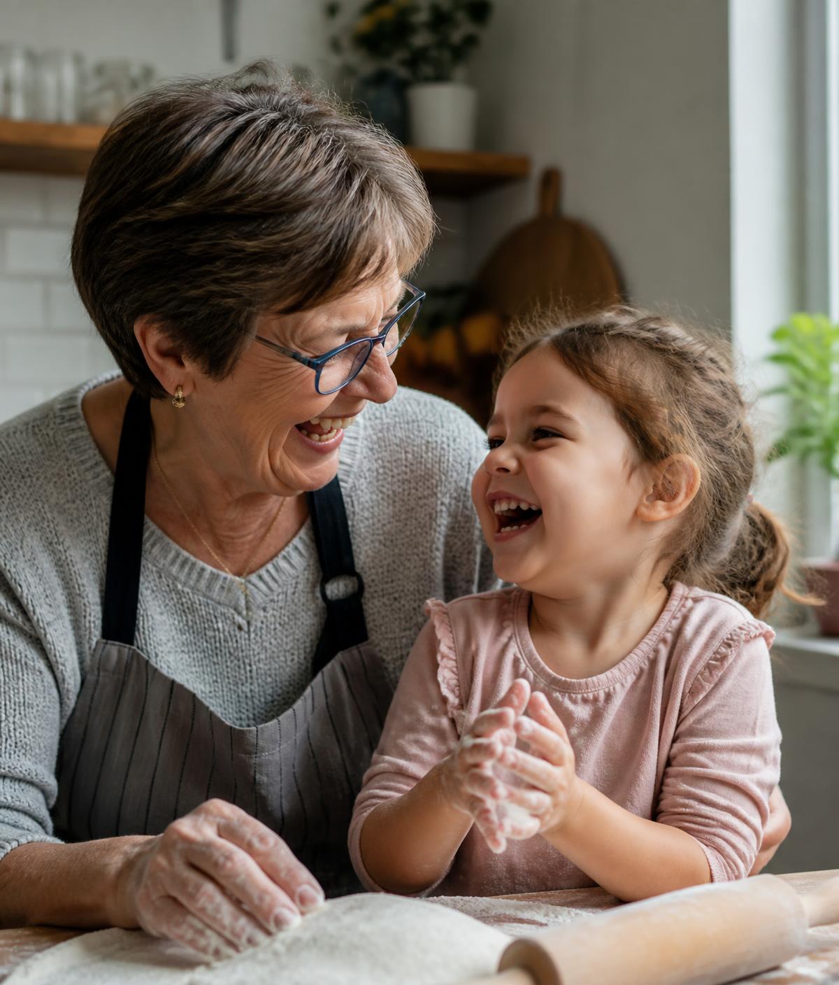 A grandmother laughing with her granddaughter while baking together