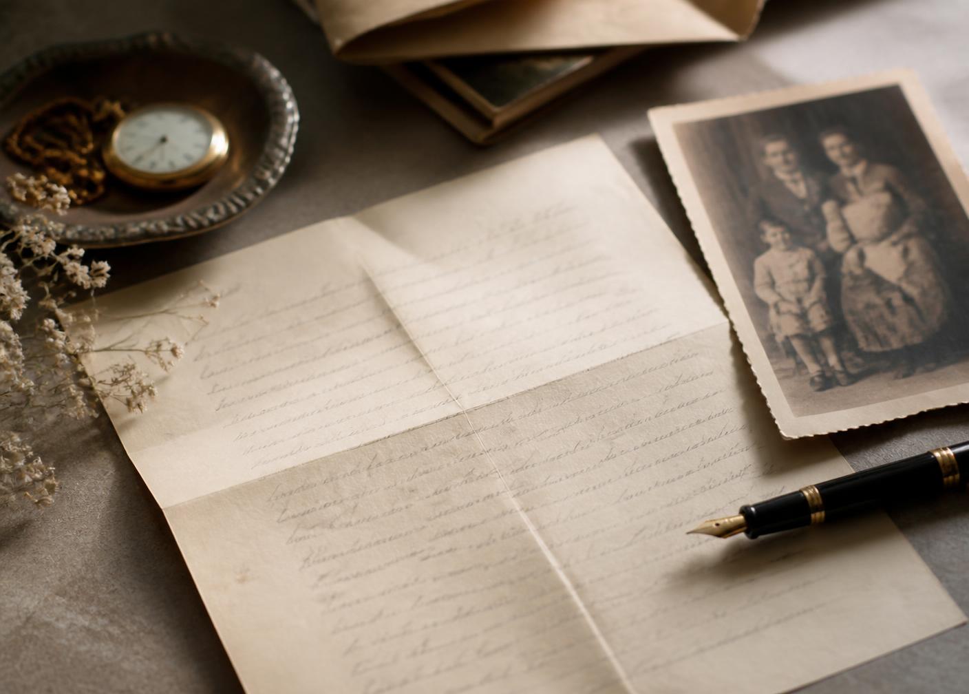 A handwritten letter beside a fountain pen and an old family photograph