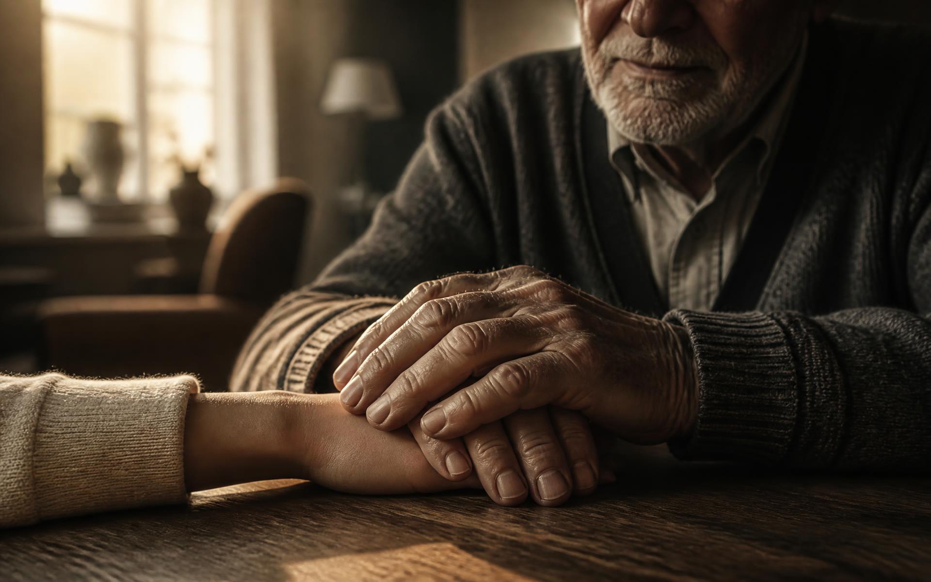 An elderly man resting his hands over a younger family member's hand at a sunlit table